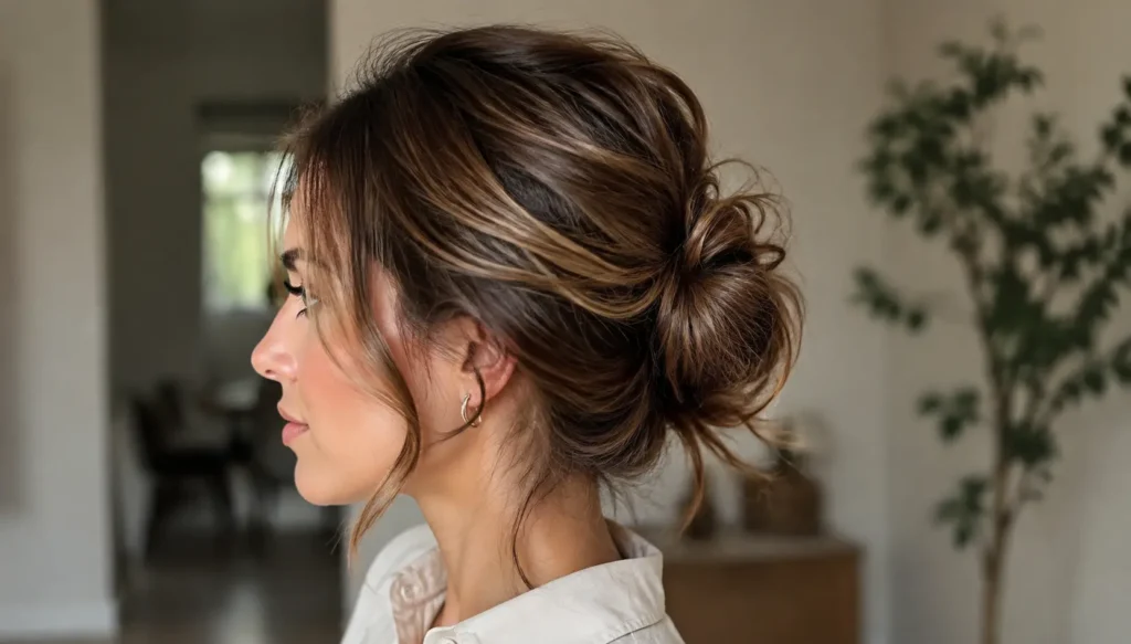 woman wearing an easy medium-length textured updo hairstyle with soft volume, loose face-framing strands, and natural hair texture, photographed in a cozy indoor setting with a stylish everyday look.