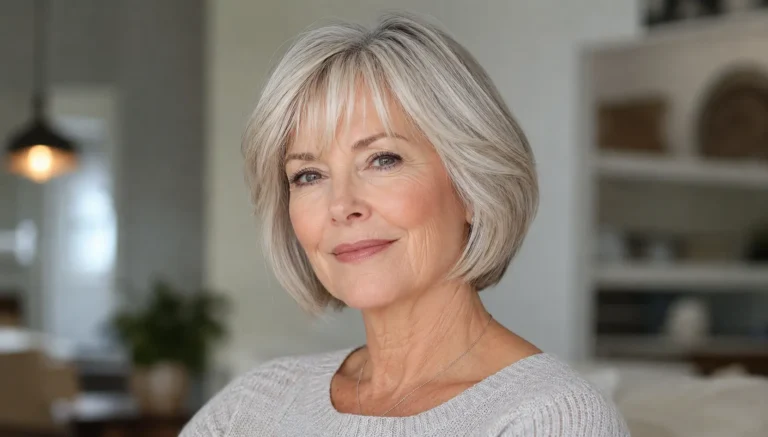 Photorealistic older woman with fine silver-gray hair styled in a short layered bob with soft side-swept bangs, smiling in a bright modern home.