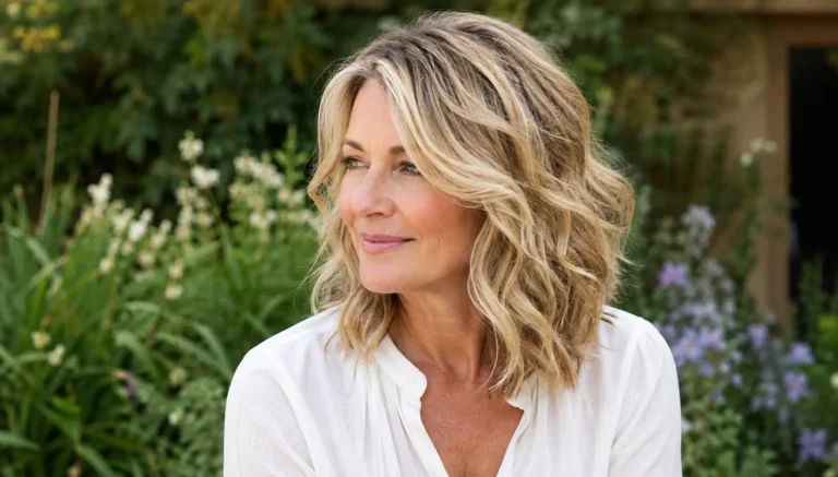 nglish woman over 40 with shoulder-length soft wavy blonde hair, photographed naturally in a garden setting.