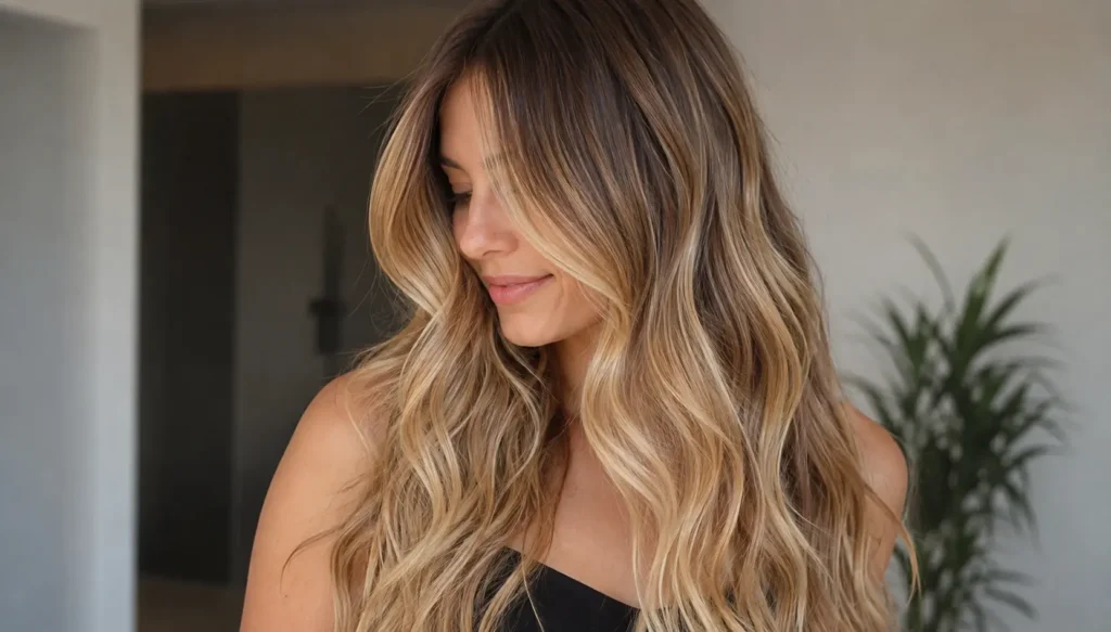 a girl has long hair of golden color