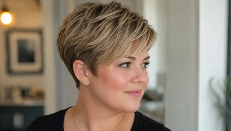 English white woman with a round face wearing a short tousled blonde pixie haircut with textured layers and softly swept bangs, shown in a close three-quarter portrait.