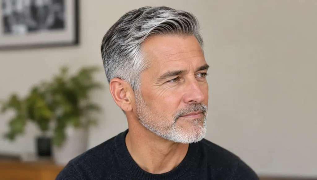 Classic haircut for men over 50 featuring an older white man with neatly styled silver-gray hair and a clean side part.