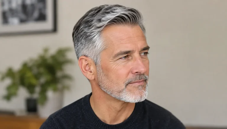Classic haircut for men over 50 featuring an older white man with neatly styled silver-gray hair and a clean side part.