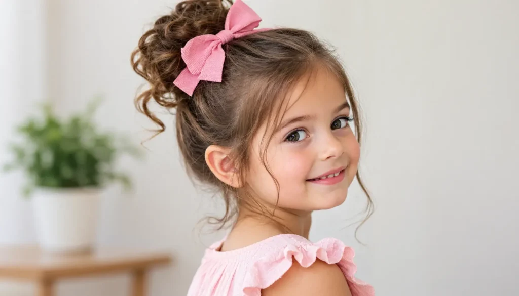 young girl with a cute curly high bun hairstyle decorated with a pink bow, smiling in a softly lit indoor setting.