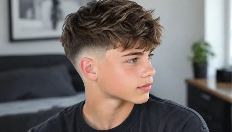 Teen boy with textured crop and clean fade haircut, shown in side profile with naturally styled hair.