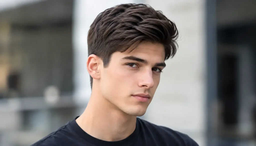 Young man with straight dark-brown textured quiff hairstyle, natural hair strands and realistic skin texture, close-up portrait in natural daylight.