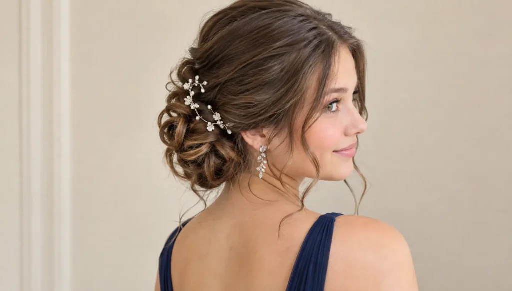 Hoco hairstyle featuring an elegant low braided chignon with loose face-framing strands and delicate pearl hair accessories.