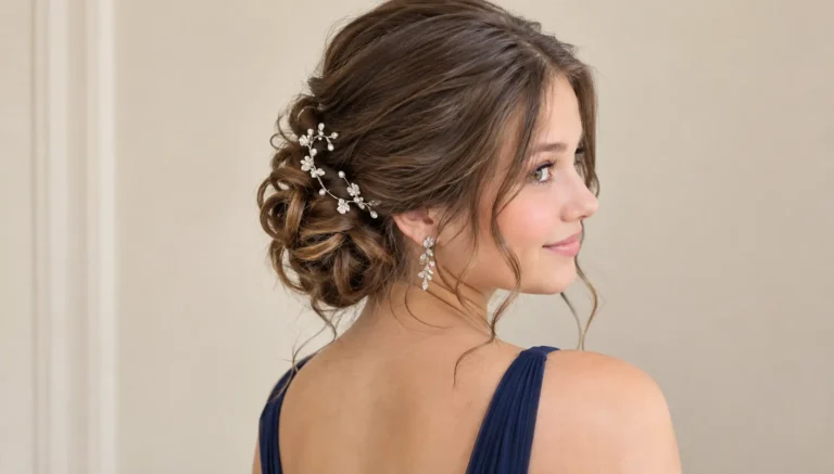 Hoco hairstyle featuring an elegant low braided chignon with loose face-framing strands and delicate pearl hair accessories.