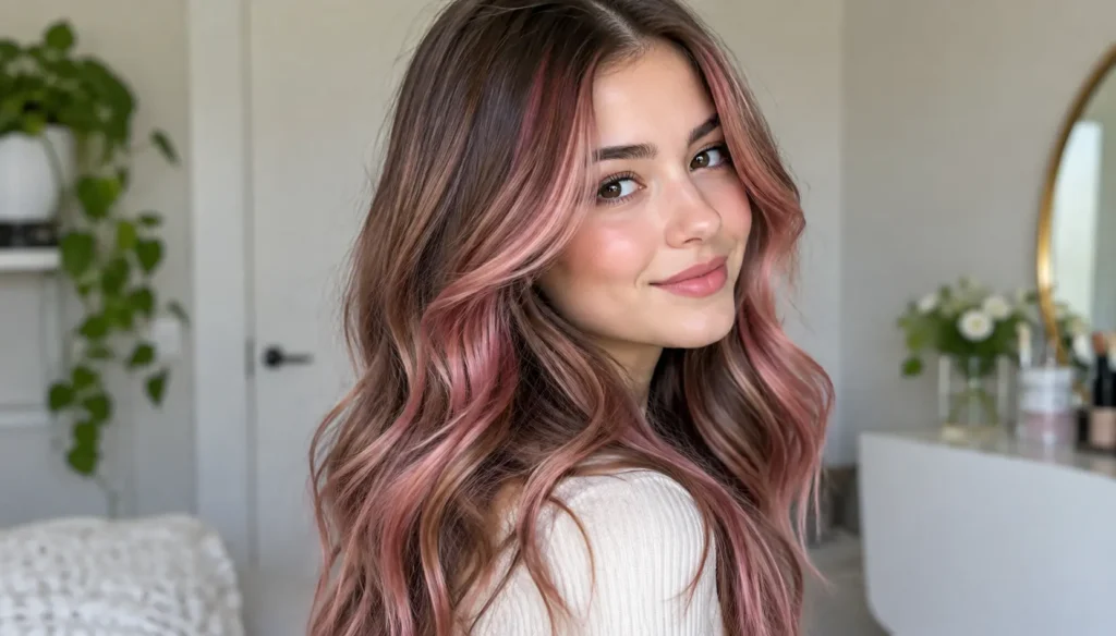 Young woman with long wavy brunette hair featuring glossy rose-pink highlights and soft face-framing waves.