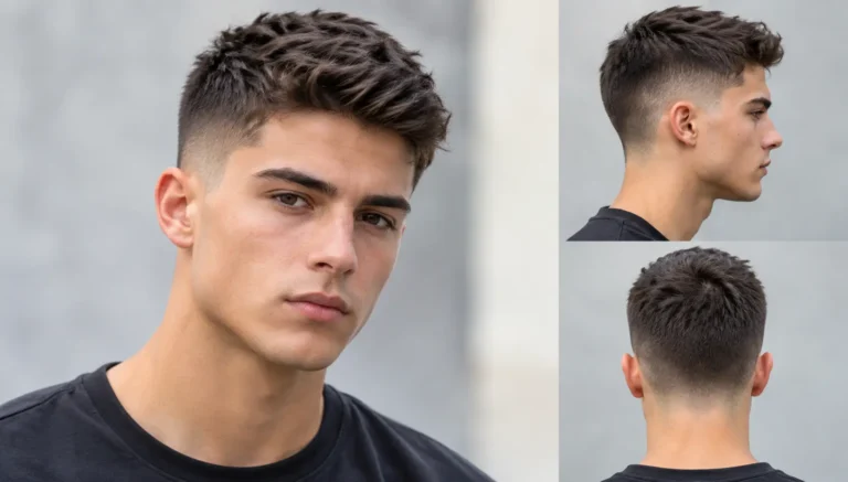Textured fade haircut on a young man with a voluminous messy top, faded sides, and tapered neckline, shown from front, side, and back views.