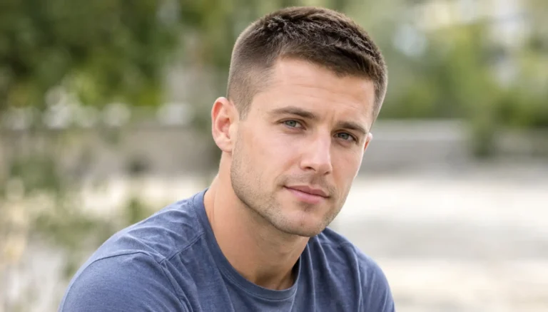 Photorealistic young man with a classic crew cut, neatly tapered sides, and naturally textured short hair.