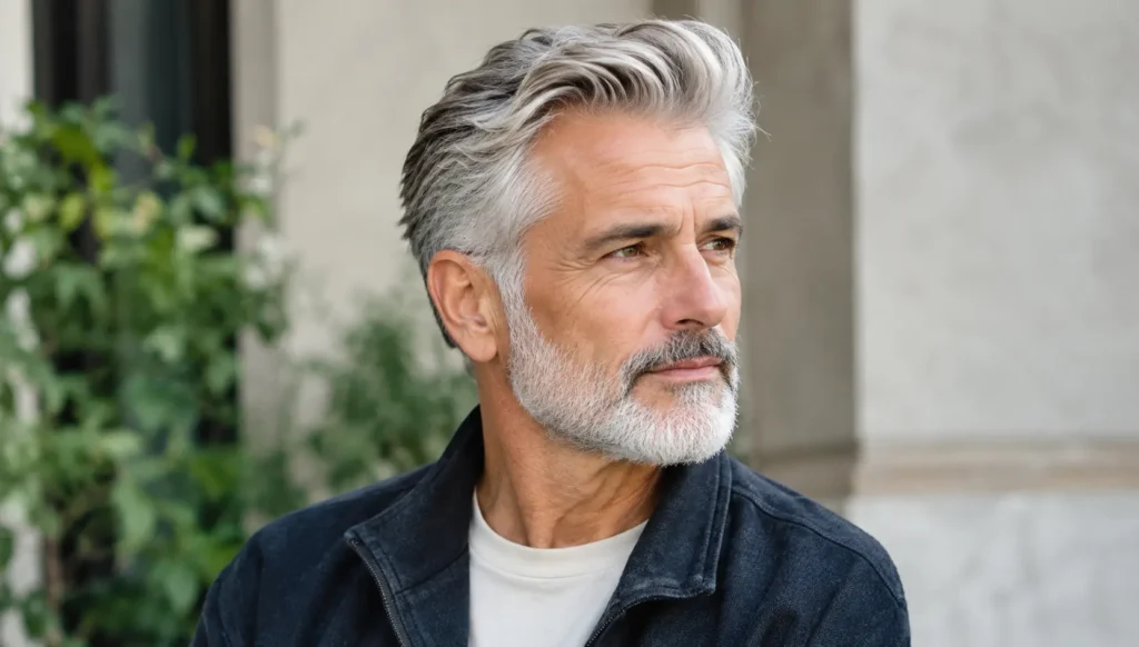 Photorealistic older man over 60 with stylish swept-back silver hair and a neatly trimmed white beard, wearing a dark jacket and cream shirt outdoors.