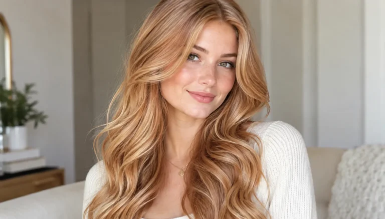 Strawberry blonde hair with soft, long waves on a young woman in a cozy neutral setting.