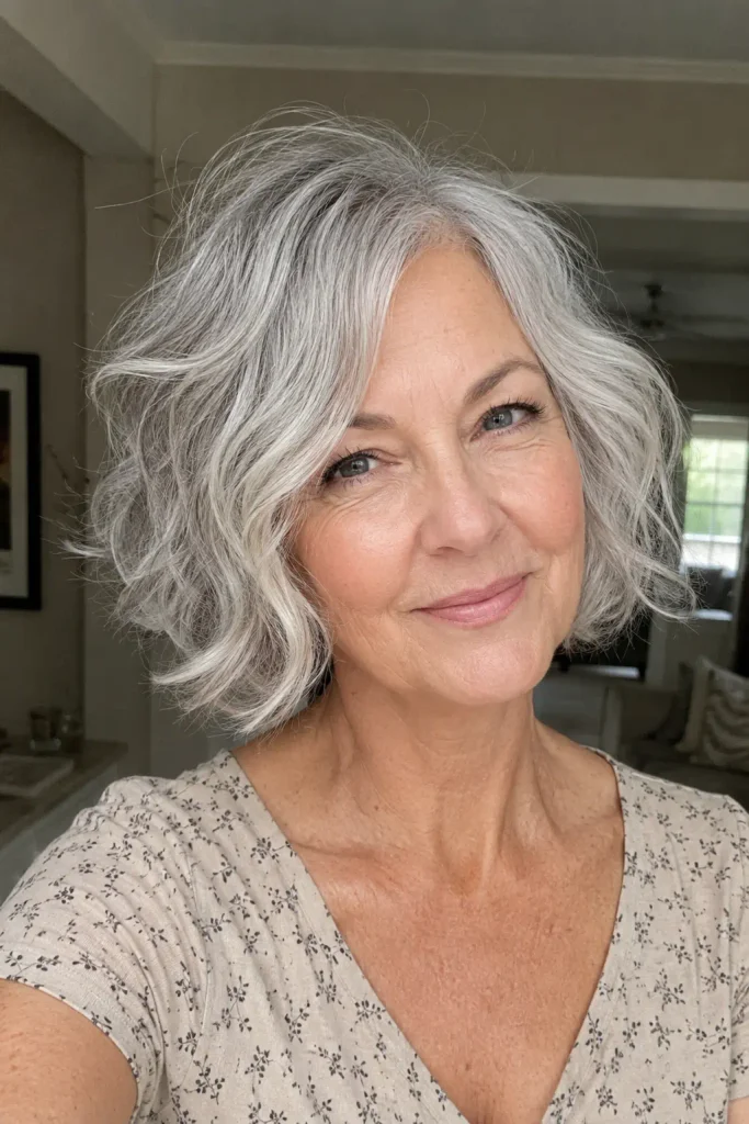 Silver-gray air-dried wavy bob on a mature white woman in a casual Western dress at home.