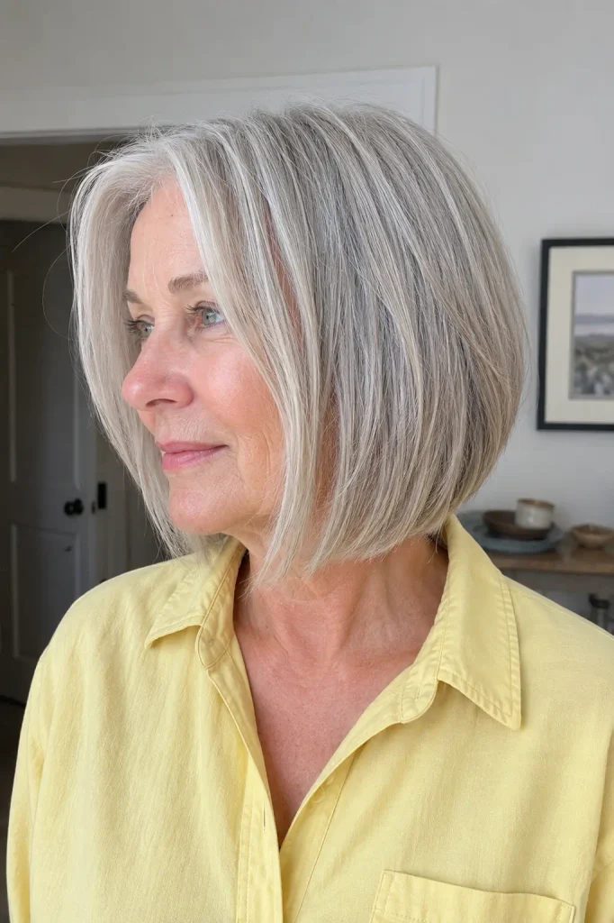 A 66-year-old white woman with fine silver-gray hair styled in a softly angled bob, shorter at the back and gradually longer toward the jaw, wearing a lemon-yellow shirt indoors in natural daylight.