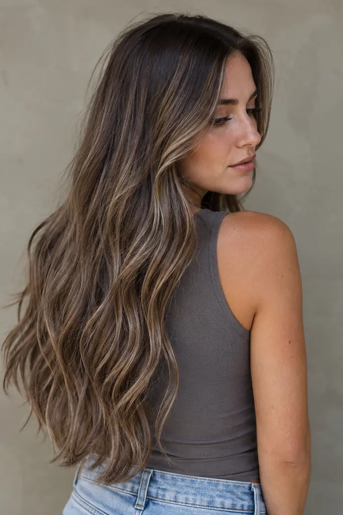 woman with extremely long ash brown balayage hair styled in soft layered waves, featuring smoky taupe, mushroom brown, and muted ash beige highlights, photographed from a three-quarter rear view in natural daylight.