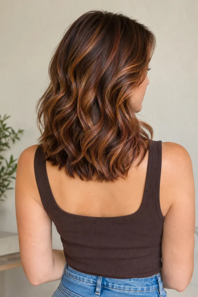 A real white woman with short brunette hair featuring warm auburn balayage, soft waves, and dimensional highlights.
