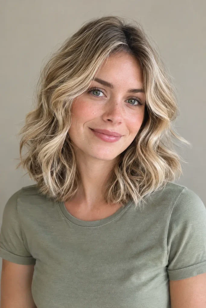 Young woman with shoulder-length layered beige blonde hair, soft darker roots, creamy blonde highlights, and naturally textured loose waves, wearing a casual sage-green short-sleeve top.