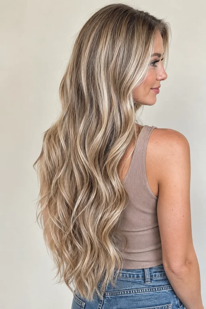 Long beige blonde wavy hair with darker lowlights and creamy highlights on a woman, shown from the back.
