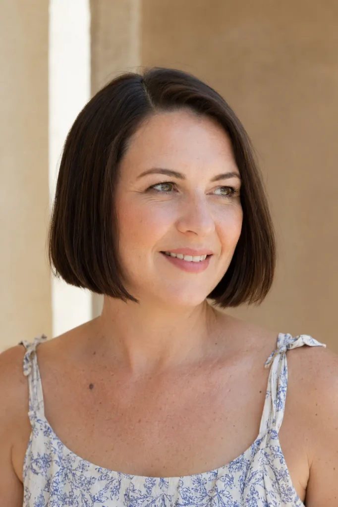 Photorealistic white woman in her late 30s with a sleek blunt jaw-length bob, off-center part, naturally straight hair, crisp polished ends, round face, natural skin texture, and a lightweight summer dress.