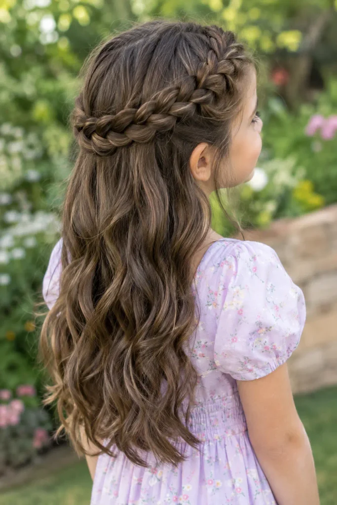 Real young girl with long soft wavy hair and a braided crown hairstyle, viewed from a rear three-quarter angle in a garden, wearing a pastel dress in natural daylight.
