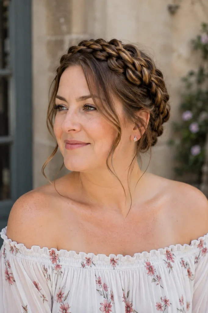 woman with a round face wearing a braided crown updo and an off-shoulder top.