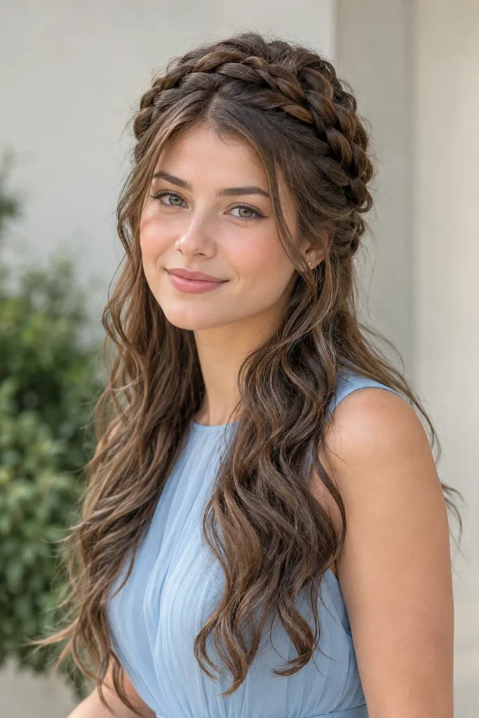 Young woman with long loose waves and a detailed braided crown hairstyle, wearing a sleeveless blue chiffon dress in a natural daylight portrait