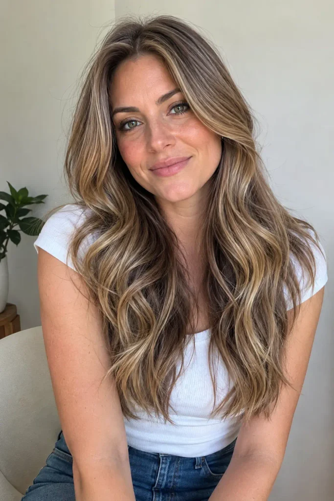 Young white woman with dimensional bronde balayage, soft beige and caramel blonde highlights, and long layered loose waves in natural daylight.