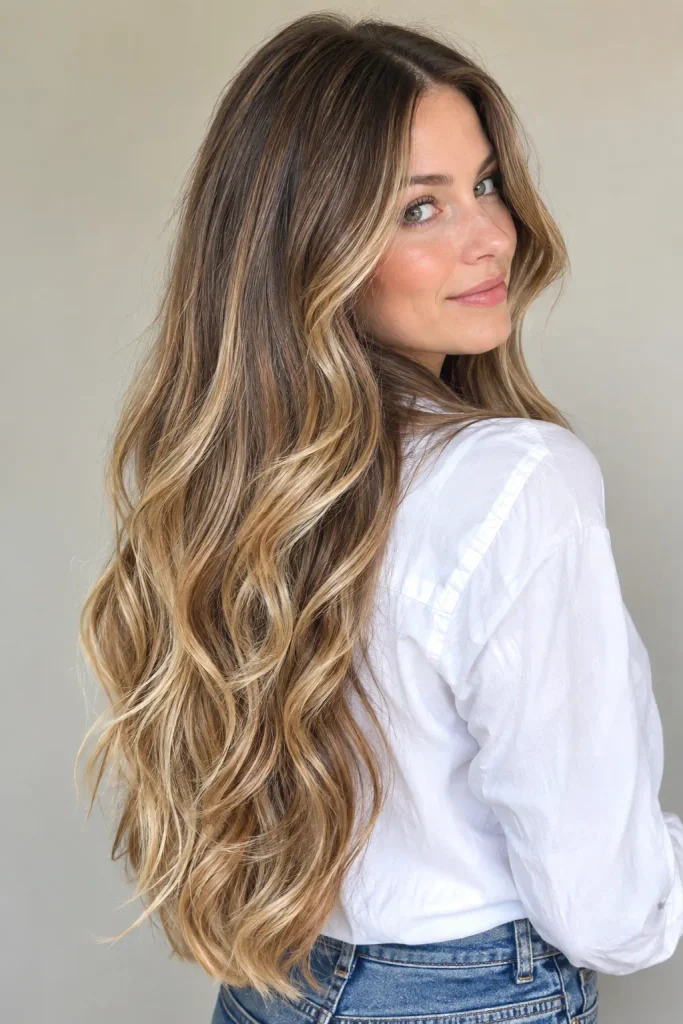 Long bronde balayage hair with brunette roots blending into beige blonde, caramel, honey, and golden highlights in loose layered waves.