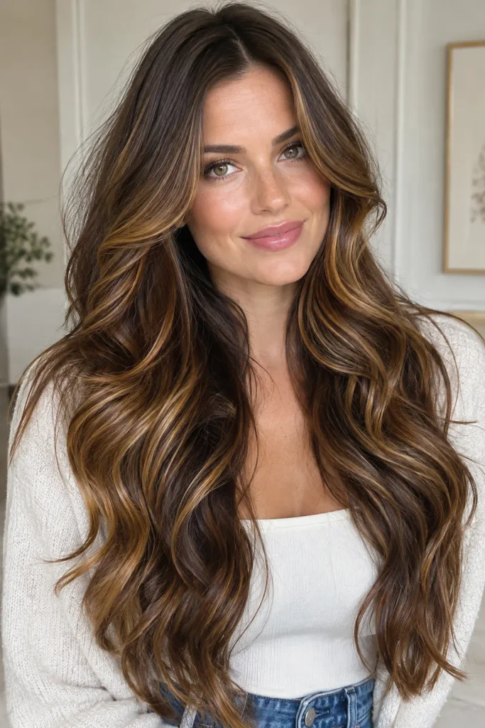 A young woman with long brunette hair styled in layered waves and rich bronze balayage highlights.
