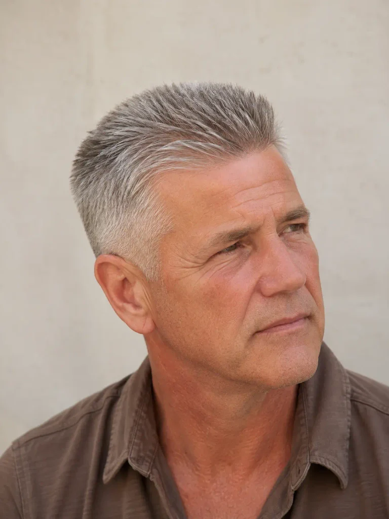 Older white man with short silver-gray brush cut and neatly tapered sides, wearing a brown casual shirt.
