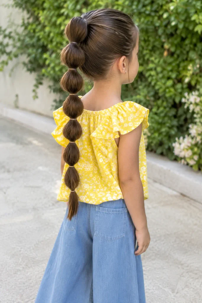 Young girl with a long bubble braid ponytail featuring evenly spaced rounded sections, shown from a rear three-quarter view outdoors in natural daylight.