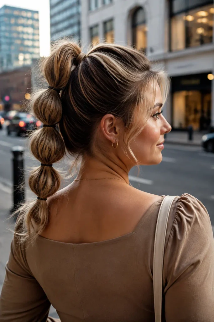 a white woman with a round face wearing a textured bubble ponytail updo with multiple voluminous sections, loose face-framing strands, and detailed hair texture, standing in an urban city setting with a stylish outfit and natural lifestyle photography.