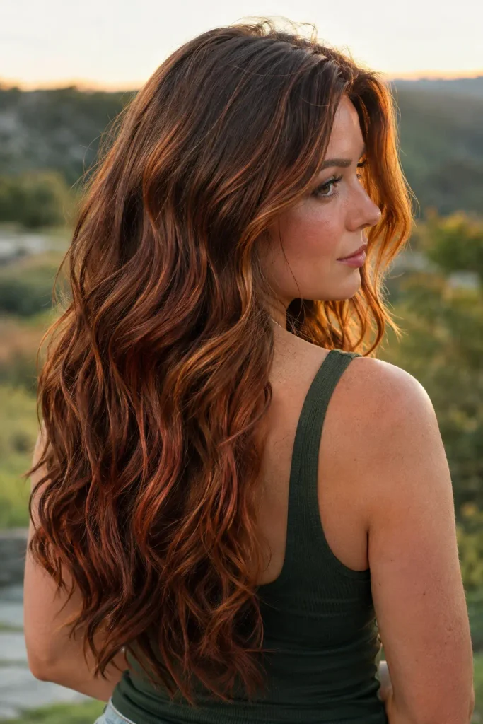 Long burnt-sienna wavy hair with deep brunette, rust, bronze, and muted copper tones on a real young woman in a dark green sleeveless top, photographed outdoors at golden hour.