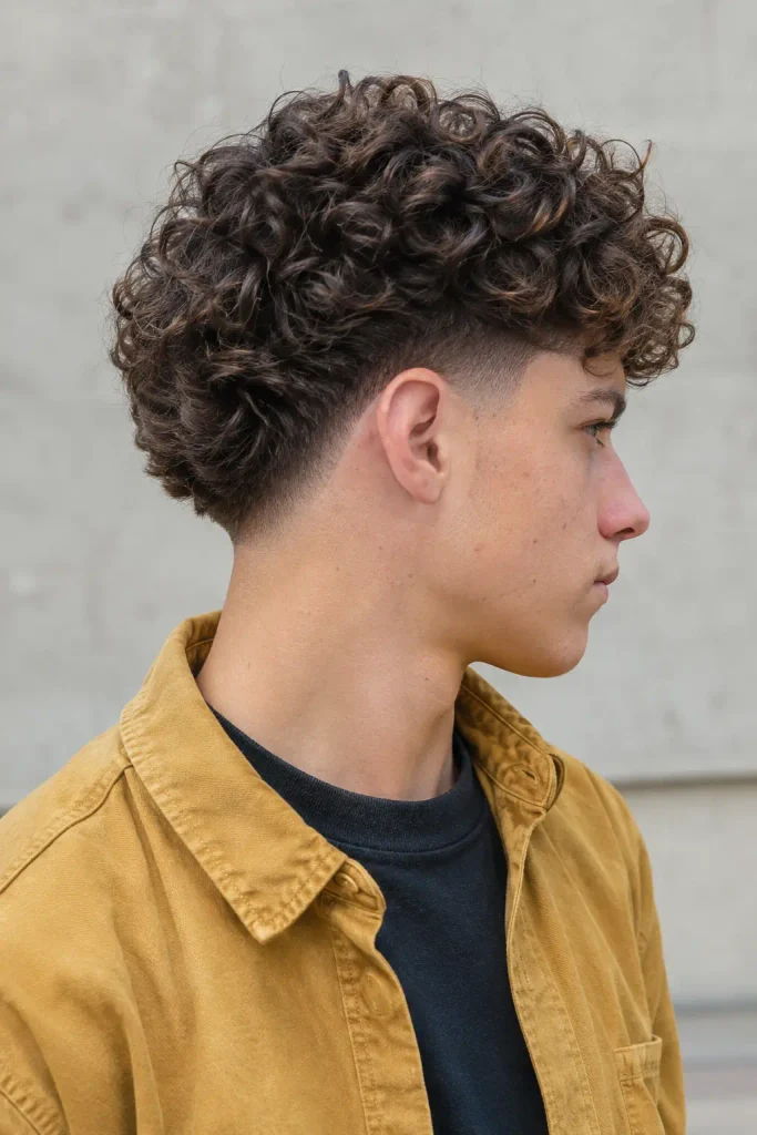Photorealistic white teenage boy with dense natural curly hair and a burst fade, showing the rounded fade around the ear from a three-quarter side angle, wearing a mustard-yellow overshirt over a dark T-shirt.
