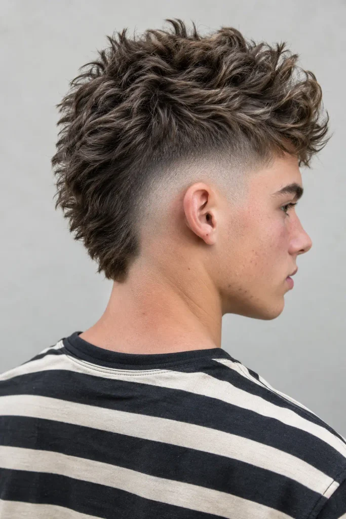 white teenage boy with a textured modern mohawk and burst fade, featuring curved fades around the ears and naturally lifted central hair, photographed from a three-quarter rear-side angle in a black-and-cream striped T-shirt.