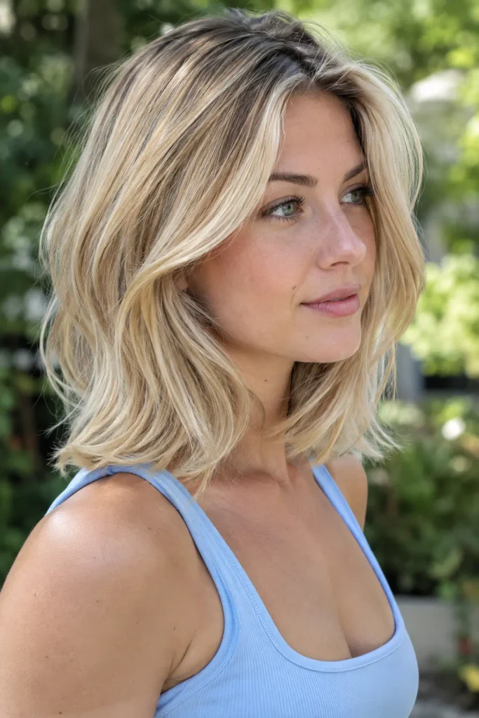 young woman with medium-length butter blonde hair, creamy vanilla-golden tones and subtle darker roots, styled in a smooth blowout with gentle movement, photographed outdoors in natural daylight.
