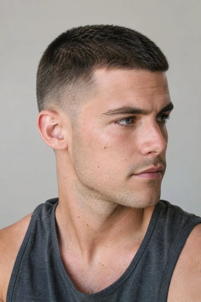 young white man with a very short dark brown buzz cut and subtle taper, shown from a side angle in a casual sleeveless shirt.