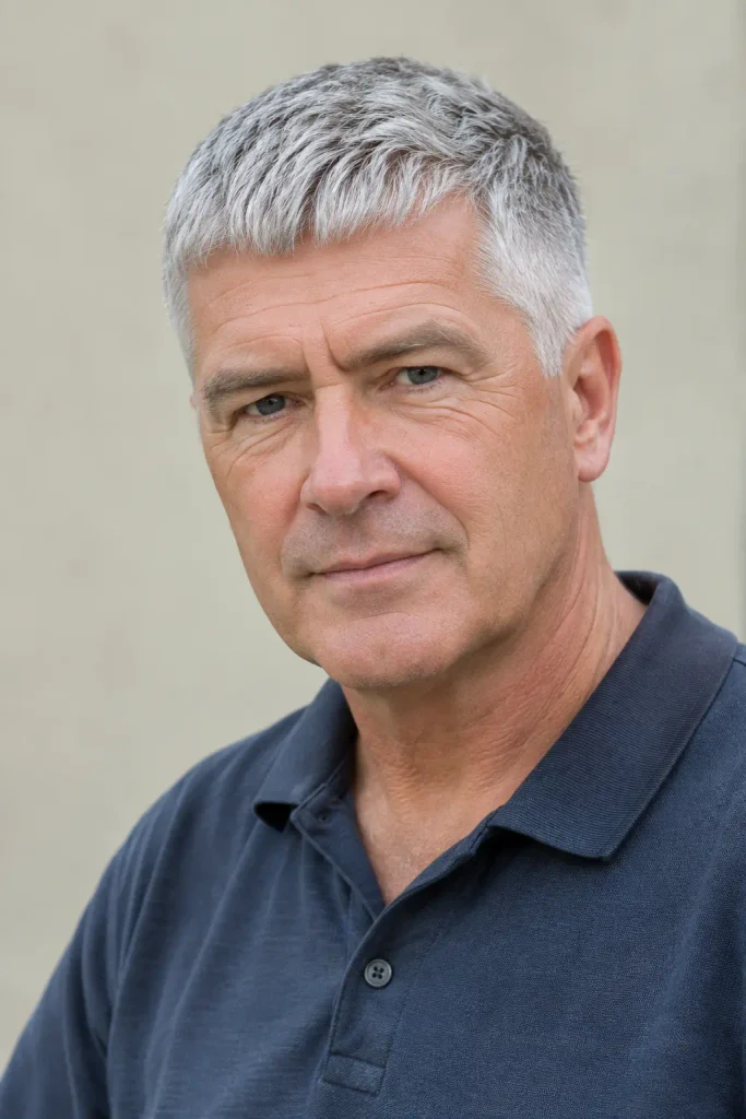 A mature white man with a short silver-gray Caesar haircut and neatly tapered sides.