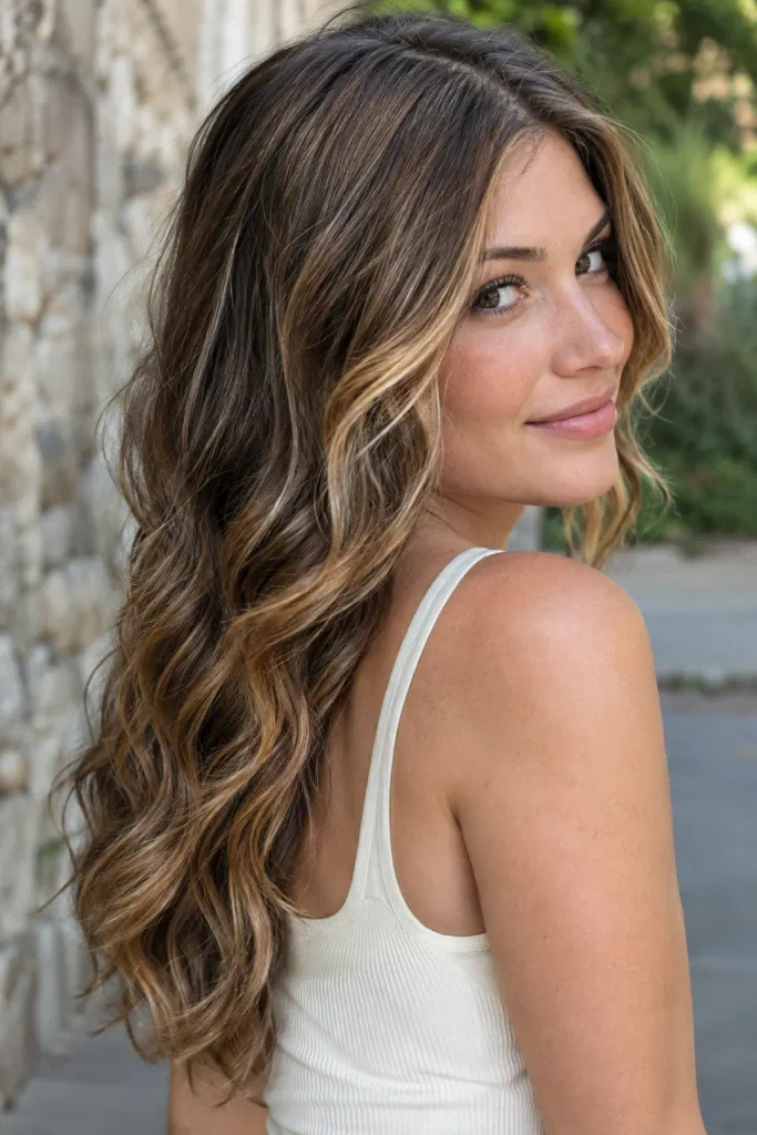 young woman with medium-long brunette hair featuring warm caramel balayage highlights and soft natural waves, viewed from the rear side outdoors.