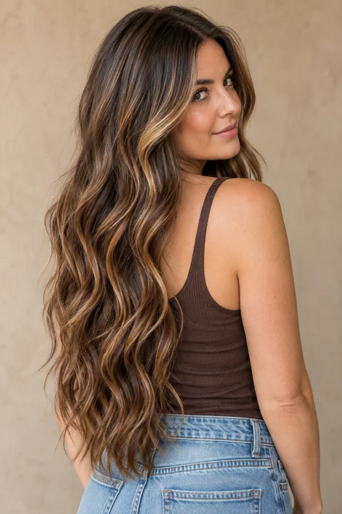 Long brunette hair with dimensional caramel highlights in loose waves.