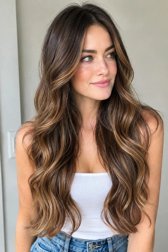 white woman with long brunette hair featuring dimensional caramel balayage, warm toffee and amber highlights, soft layers, and loose waves.