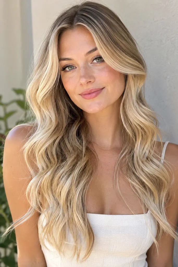 Champagne blonde balayage on a young woman with long loose waves, creamy beige and soft golden highlights, natural darker roots, and realistic dimensional hair texture.