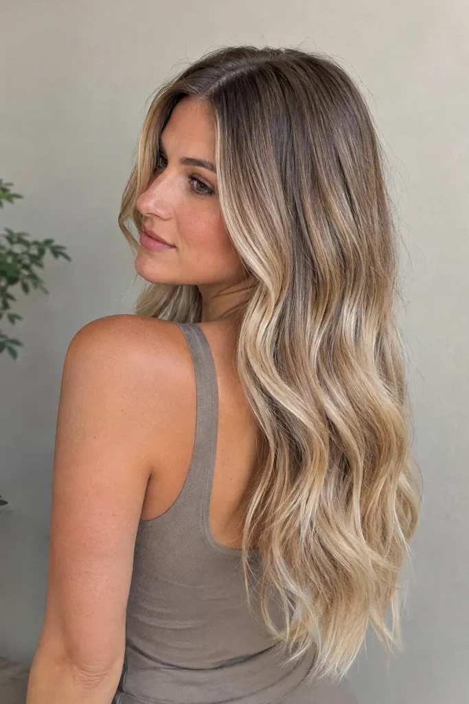 Champagne bronde hair with brunette roots and soft champagne-beige blonde ribbons styled in loose polished waves, shown on a young woman from a rear three-quarter view.