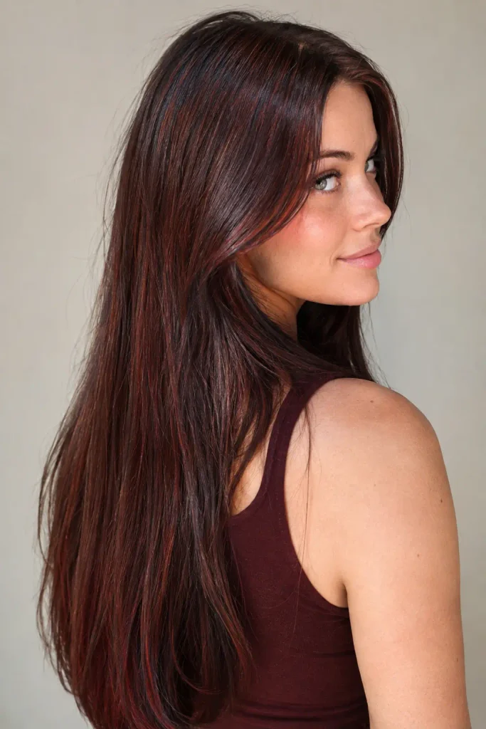 Young woman with long straight cherry mocha hair, featuring a deep chocolate brown base and subtle cherry-red reflections, shown from a rear three-quarter angle in natural daylight.