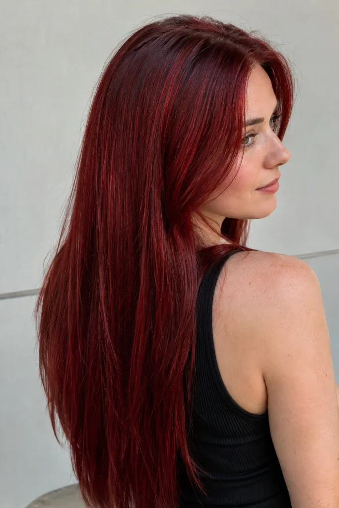 young woman with long glossy cherry-red hair in a sleek straight style, shown from a rear three-quarter view against a neutral background.
