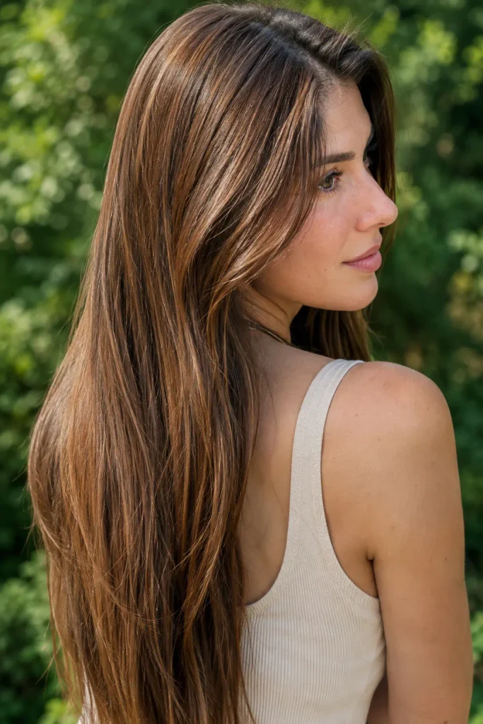 Long chestnut brown hair with subtle cinnamon and golden highlights on a young woman in a natural outdoor setting.