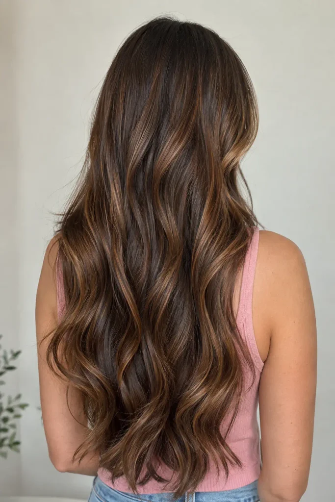 Chestnut brown balayage with warm, dimensional highlights blended through long brunette hair.