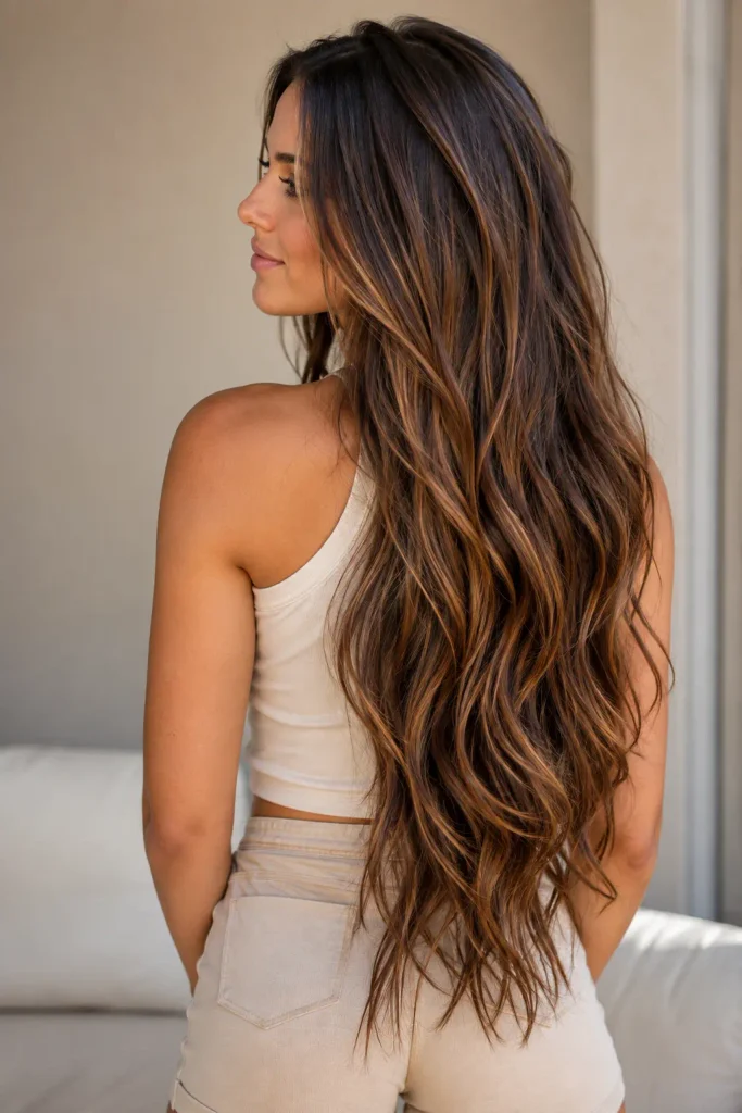 a woman with extremely long, thick chestnut brown hair featuring warm golden-brown and honey highlights, styled in soft flowing waves and long layers. She wears a cream sleeveless top and light-colored shorts, with her hair as the main focus against a neutral background in warm natural daylight.
