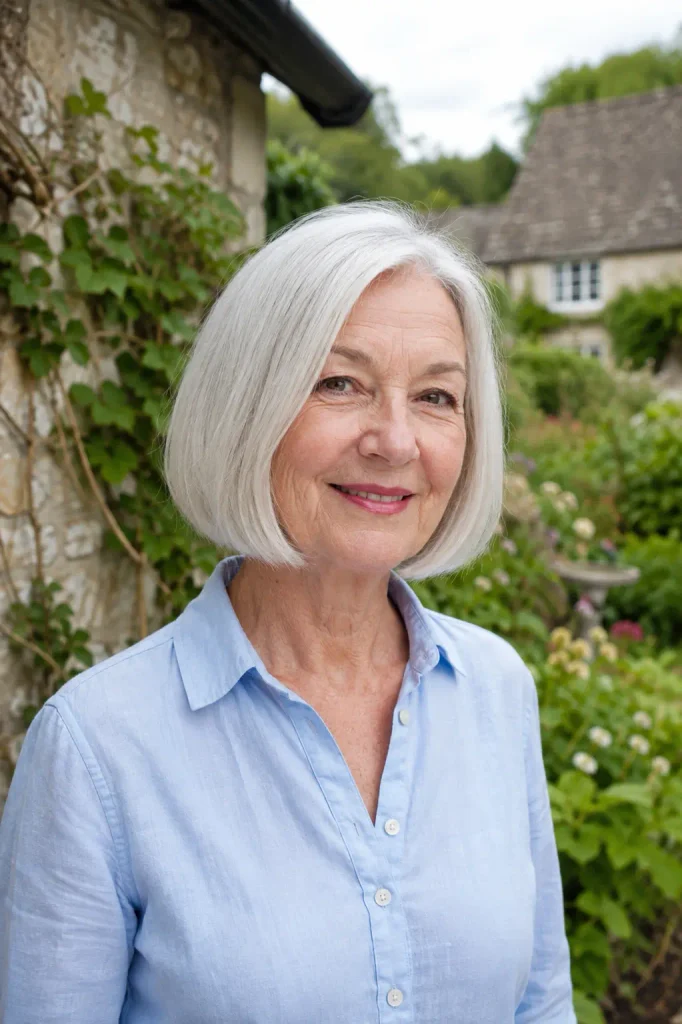 a 65-year-old white woman with fine silver-white hair styled in a chin-length blunt bob, clean dense-looking perimeter, subtle side part, and smooth full-looking ends, wearing a light blue summer shirt in a refined English garden setting.
